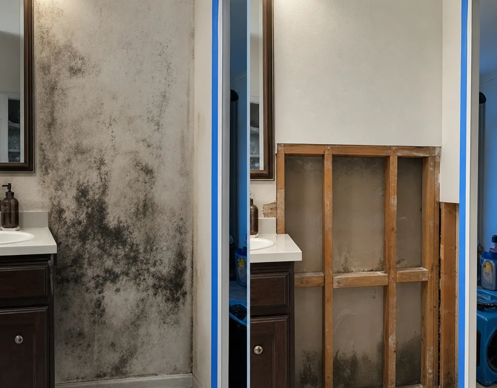 Before-and-after view of a mold-affected wall cleaned and prepared for repair after controlled material removal