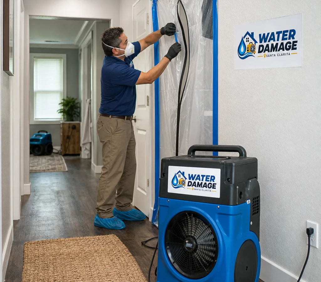 Santa Clarita technician in protective equipment setting up containment and a HEPA air scrubber outside an affected room