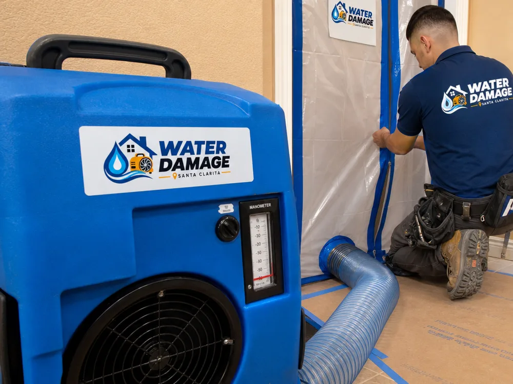 Negative air machine with exterior ducting and a manometer beside a sealed doorway containment in a Santa Clarita home