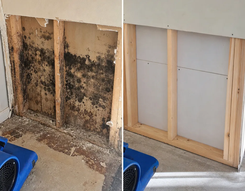 Before-and-after view of a wall where moldy drywall was removed, framing cleaned, and the area prepared for rebuild with clean, dry materials
