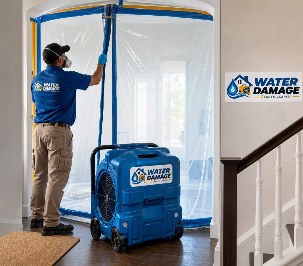 Technician in protective gear setting up plastic containment and a HEPA air scrubber in a Santa Clarita home interior