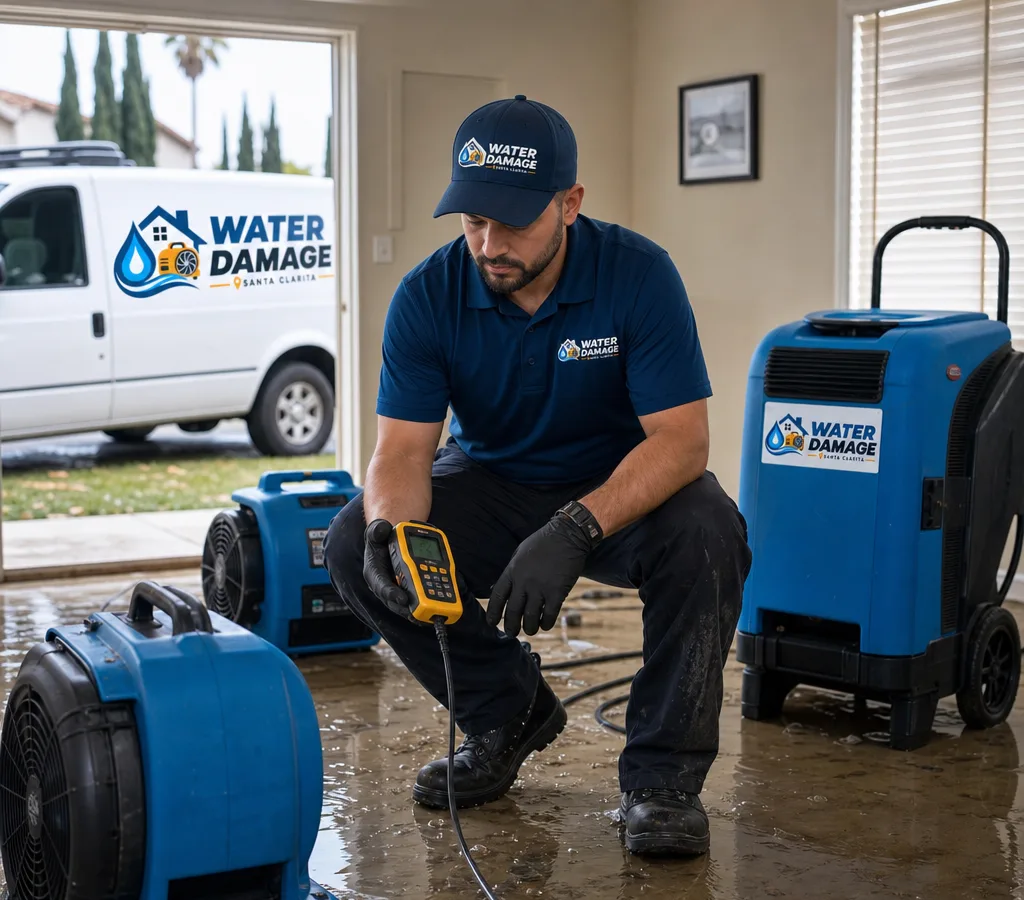 Technician using professional drying equipment and a moisture meter in a partially flooded Santa Clarita room
