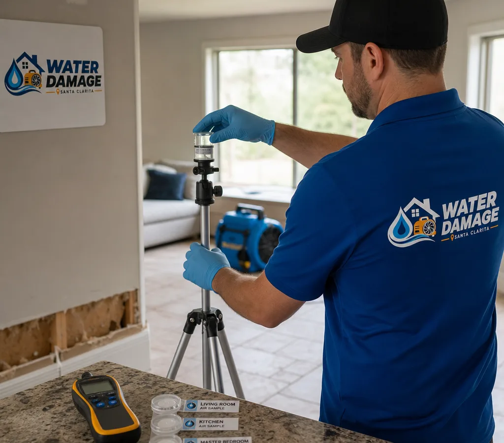 Inspector placing an air sampling cassette on a tripod inside a Santa Clarita home with a moisture meter and sample labels nearby