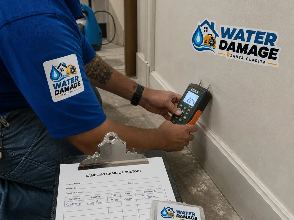 Technician taking a moisture reading near a baseboard with a sampling cassette and chain-of-custody form nearby