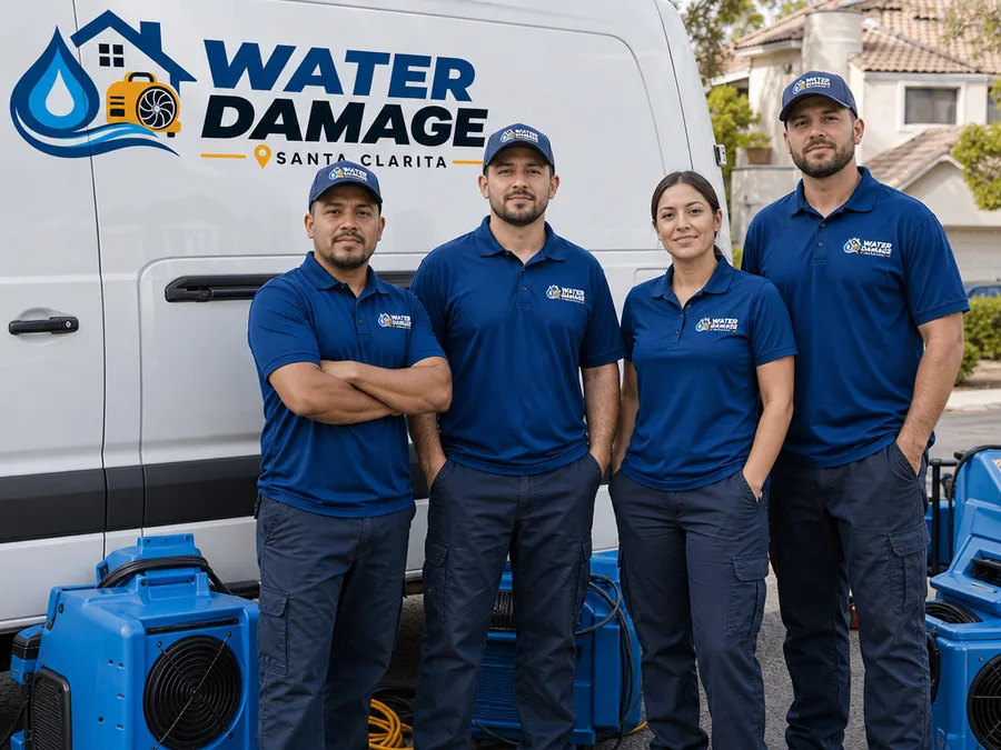 Uniformed Santa Clarita restoration crew beside a service vehicle with professional drying equipment