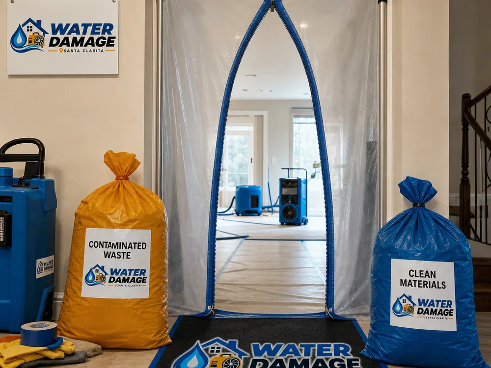 Clean staging area with bagged debris, HEPA vacuum, and protective equipment arranged for orderly residential remediation work